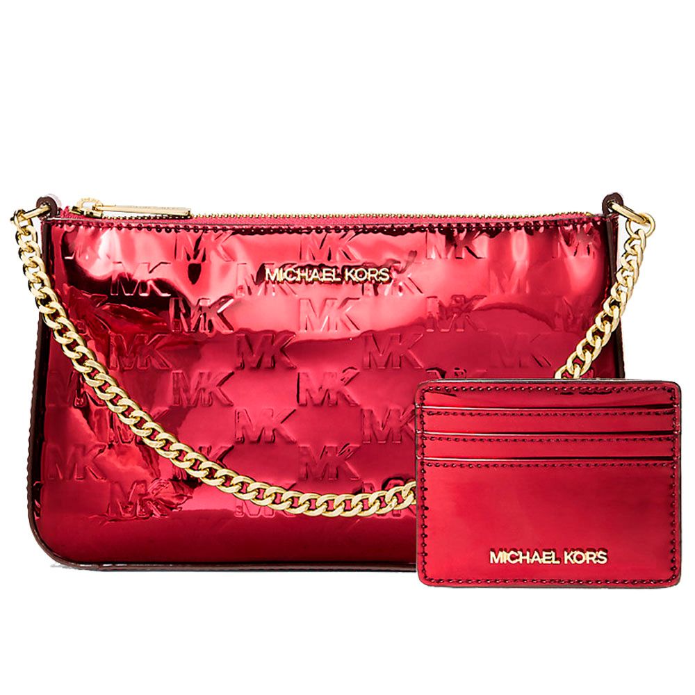 Michael Kors - Bold Metallic Logo Embossed Chain Shoulder Bag Set - Red Michael Kors