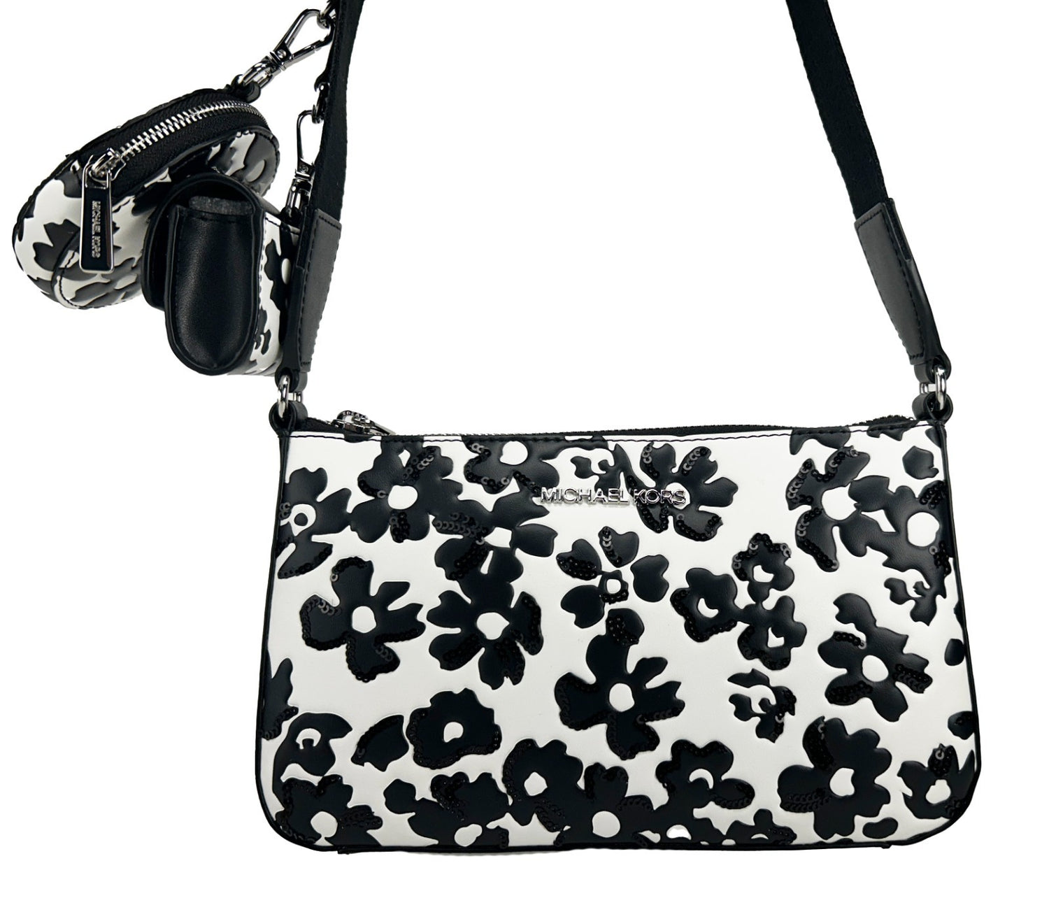 Michael Kors - Chic Floral Leather Crossbody Tech Attachment Bag - White Black Michael Kors