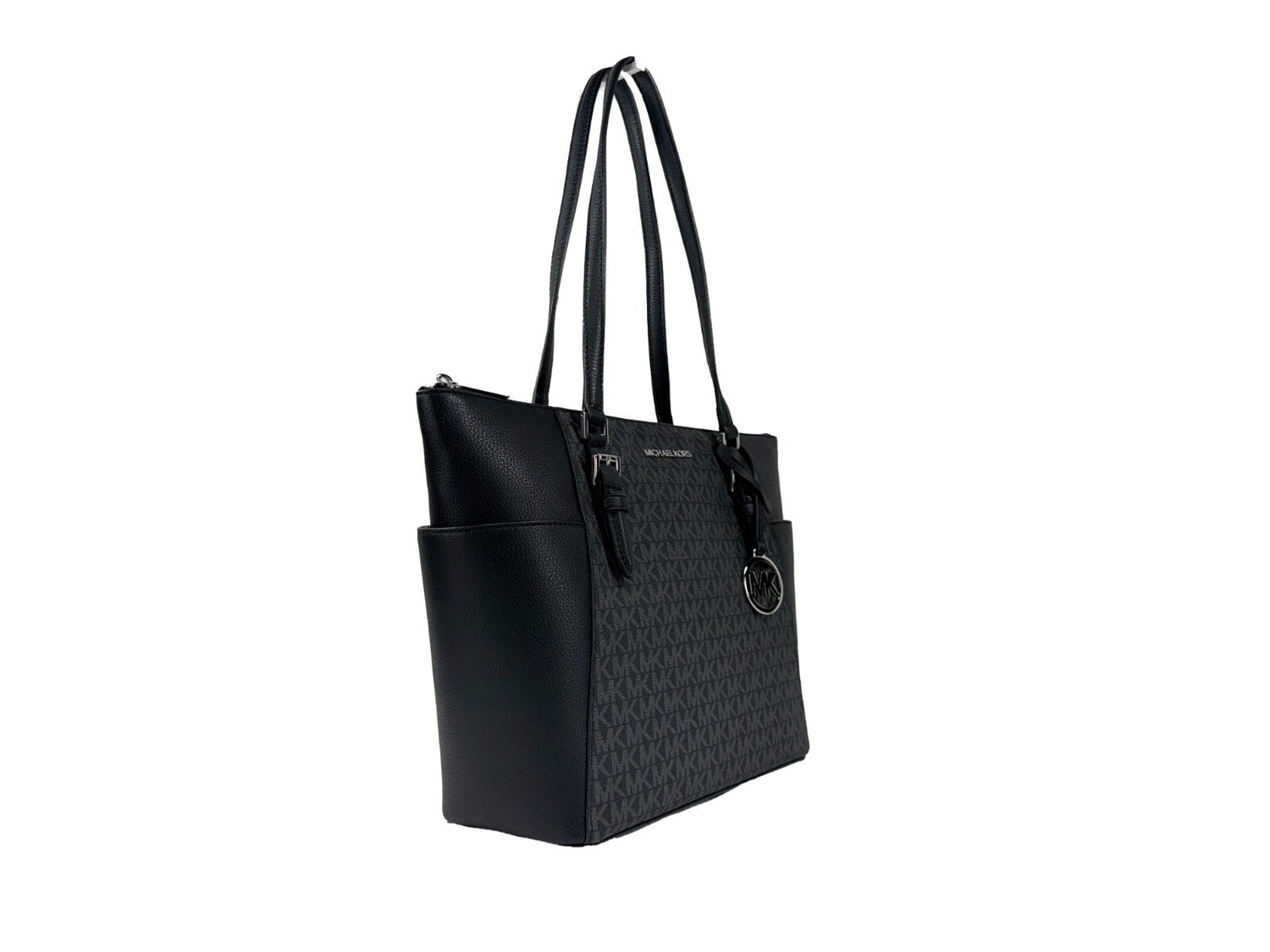 Michael Kors - Polished Saffiano Leather Logo Print Tote Bag - Black Signature Michael Kors
