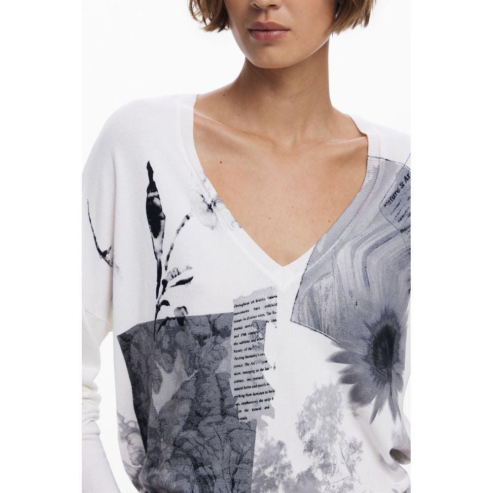Desigual - Bold Graphic Print Relaxed Long Sleeve V-Neck Top - White Desigual