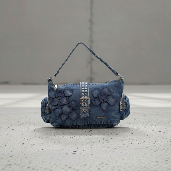 Desigual - Bold Floral Appliqué Denim Shoulder Bag - Blue Desigual