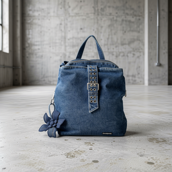 Desigual - Edgy Convertible Denim Backpack with Flower Charm - Blue Desigual