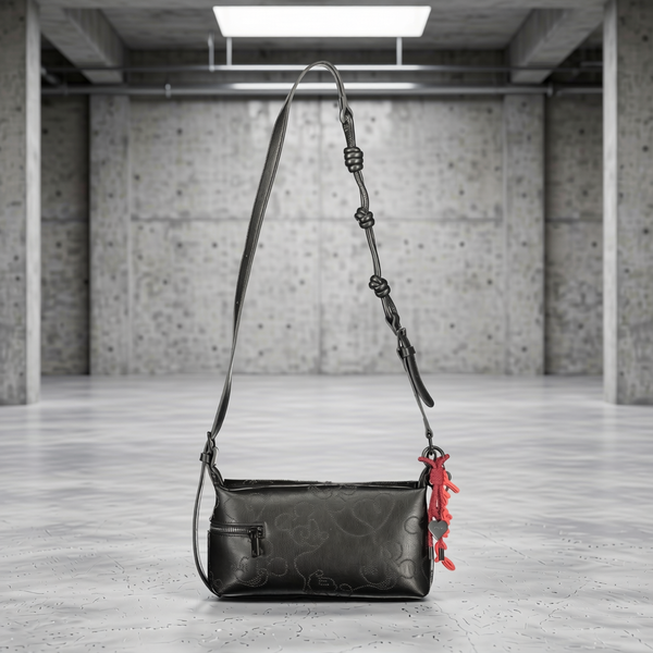 Desigual - Bold Embossed Heart Crossbody Bag with Knotted Strap - Black